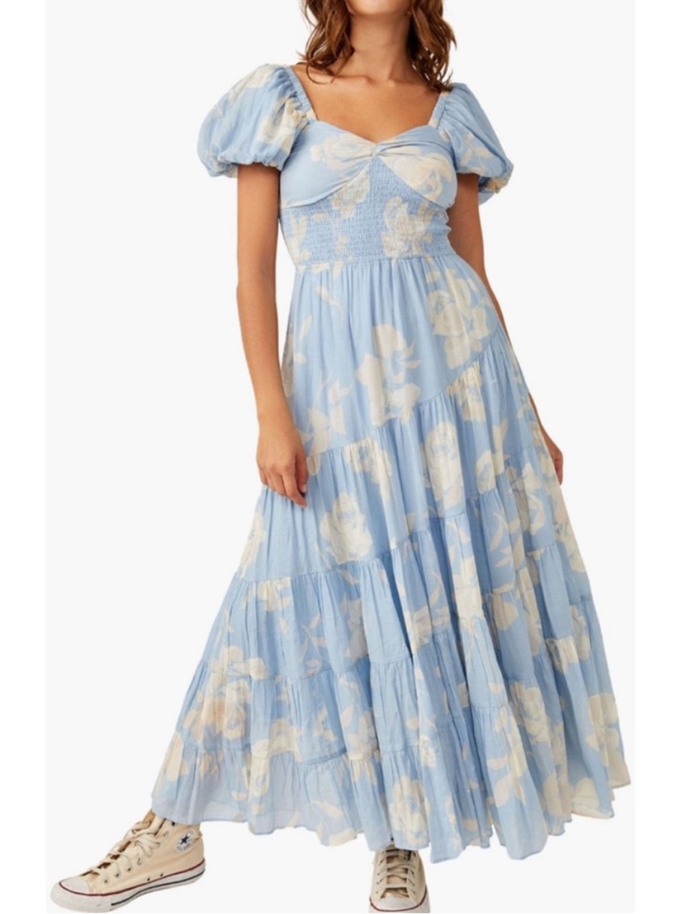 Free People Light Blue Floral Puff-Sleeve Maxi Dress